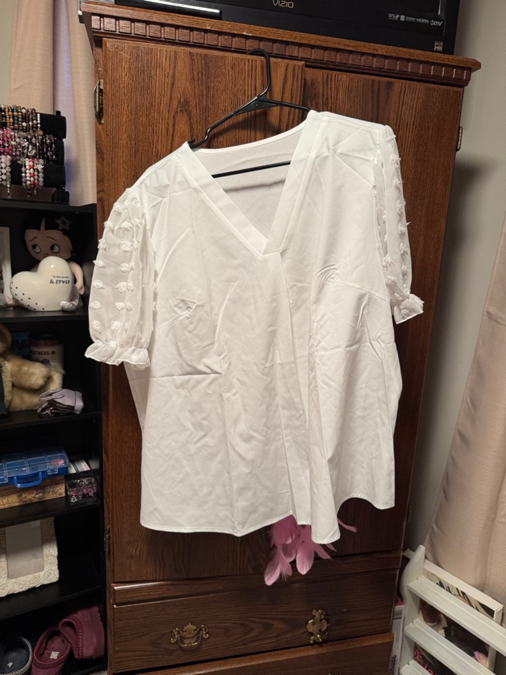 Women's White V-Neck Textured Sleeve Blouse